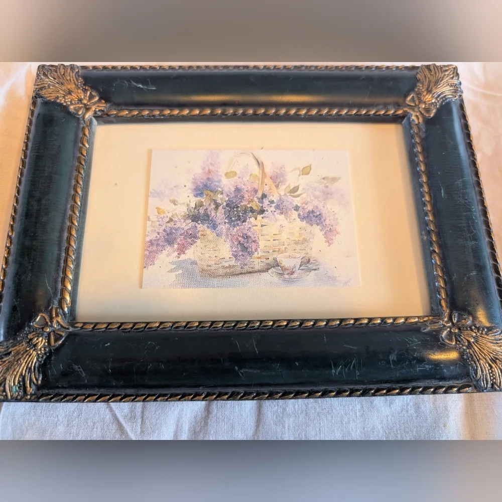 2/50$ Vintage Green and Gold Picture Frame Trio With watercolor Floral Painting - Picture 3 of 5